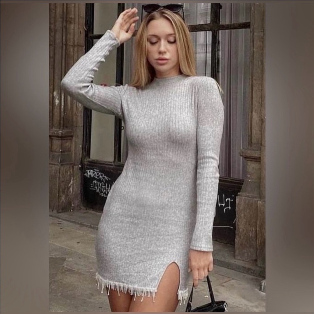 Zara dress mini jewel rhinestone party ribbed sweater turtleneck - Picture 2 of 6